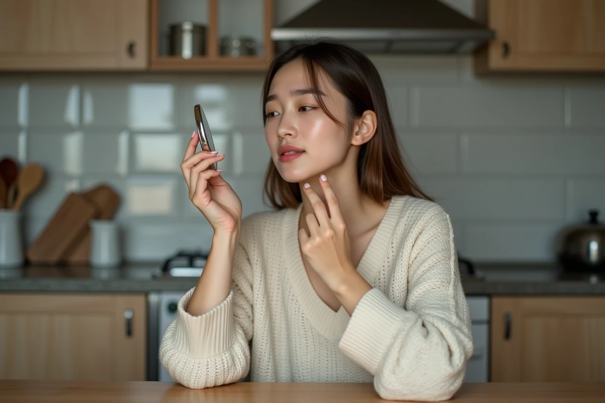 Jeune femme examine sa gorge avec un miroir dans la cuisine