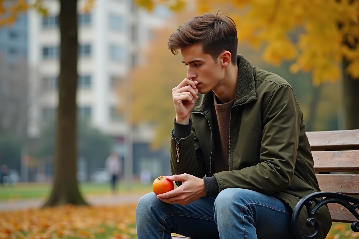 Jeune homme assis sur un banc dans un parc automnal avec fruits