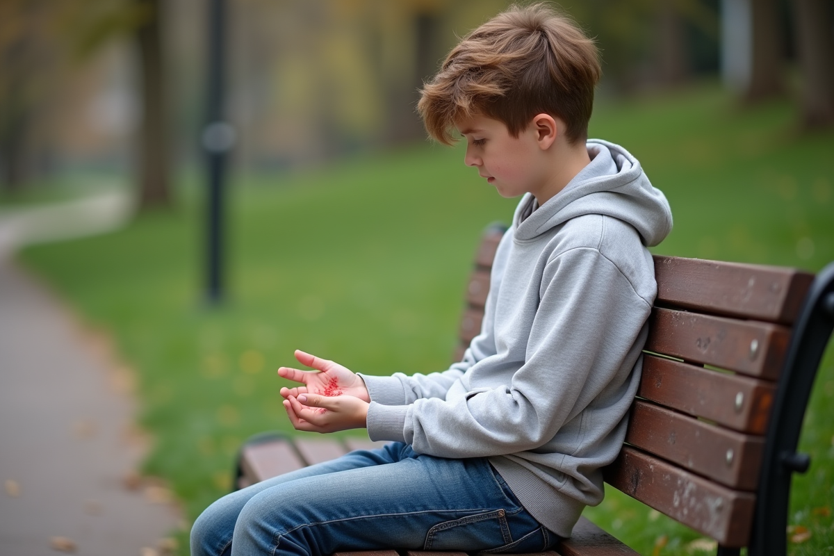 Adolescent observant des taches rouges sur la main