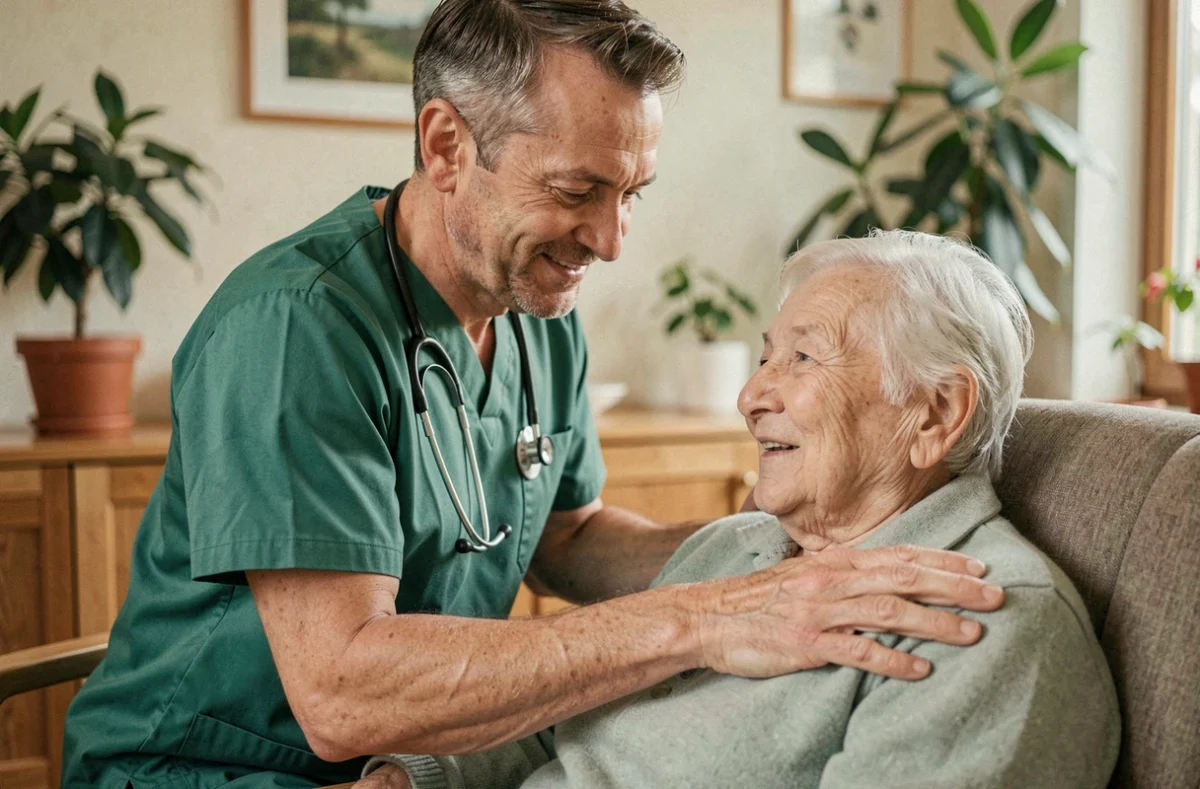 Aide soignant masculin accompagnant un patient âgé dans une maison de soins au Luxembourg avec une expression professionnelle et bienveillante