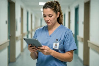 Aide soignante au Luxembourg consultant un dossier médical sur tablette dans un couloir d'hôpital moderne