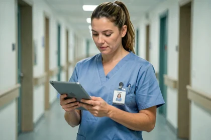 Aide soignante au Luxembourg consultant un dossier médical sur tablette dans un couloir d'hôpital moderne