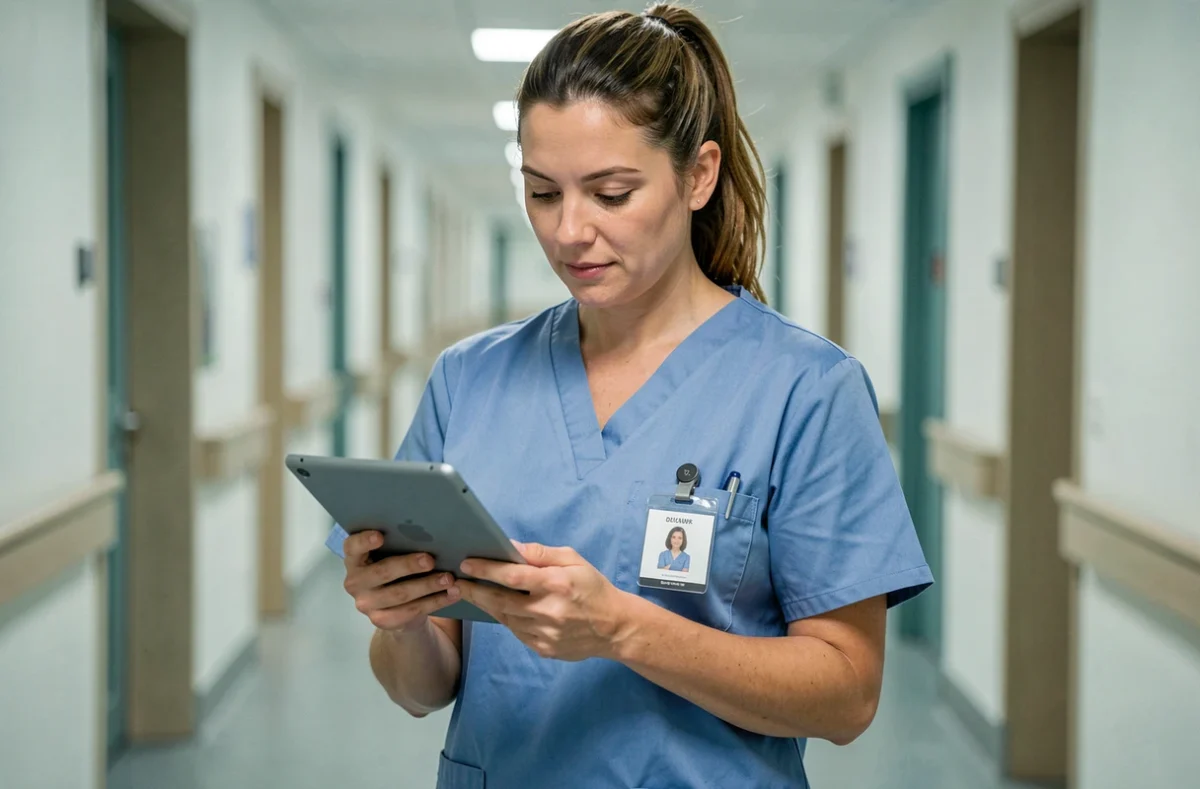 Aide soignante au Luxembourg consultant un dossier médical sur tablette dans un couloir d'hôpital moderne