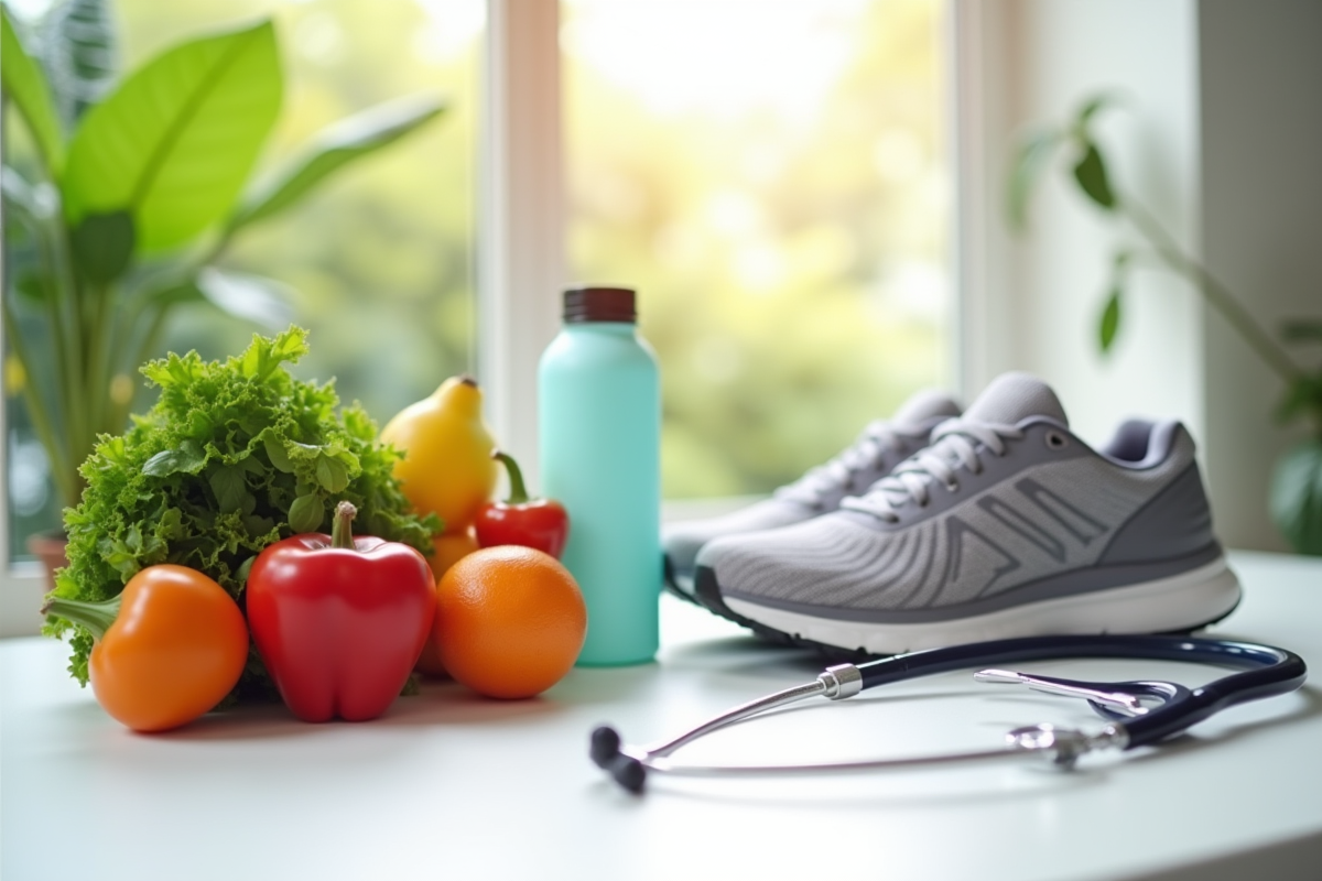Lifestyle sain avec vegetables chaussures eau et stethoscope