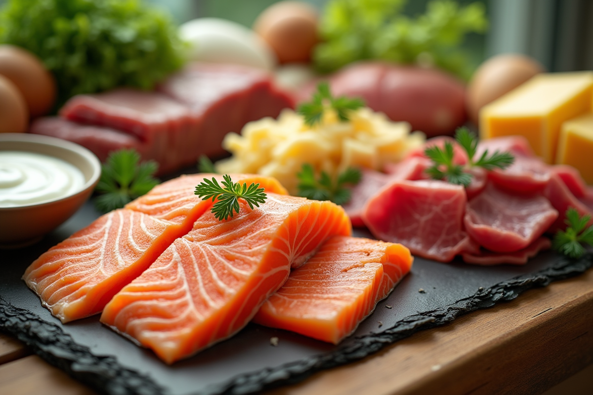 Sélection d'aliments riches en vitamine B12 sur une table en bois