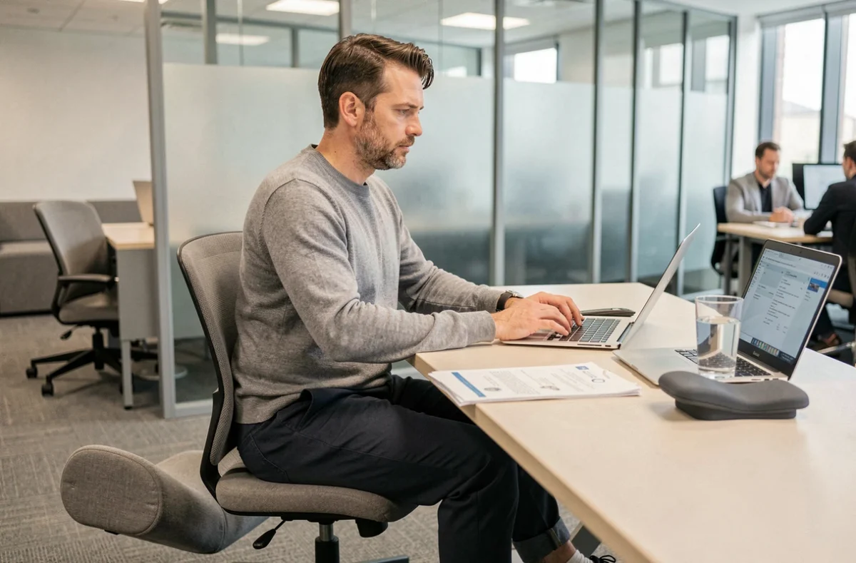 Un employé de bureau avec un hématome osseux à la cheville travaille avec des aménagements ergonomiques