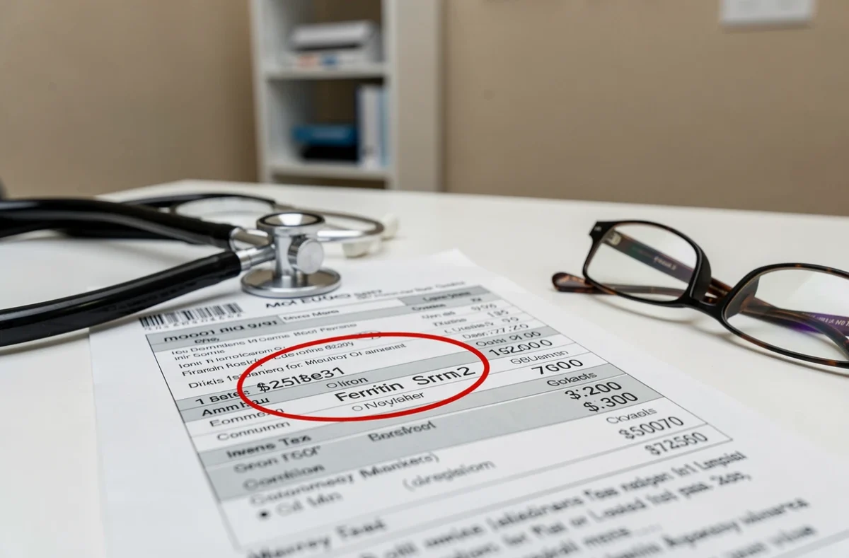 Résultats d'analyse sanguine montrant un taux de ferritine très bas posés sur un bureau médical avec stéthoscope
