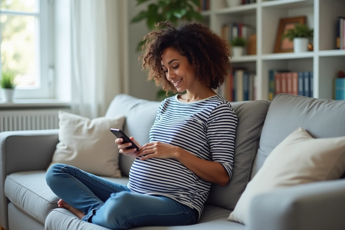 Femme enceinte utilisant une application mobile pour calculer sa date de terme de grossesse