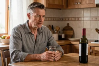 Homme de 38 ans assis à une table de cuisine tenant un verre d'eau, une bouteille de vin non ouverte à distance, symbolisant l'arrêt de l'alcool pour préserver la santé du foie