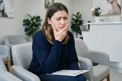 Femme souffrant d'une rage de dents dans une salle d'attente de cabinet dentaire, tenant sa mâchoire avec la main