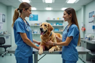Assistante veterinaire souriante avec un chien golden retriever