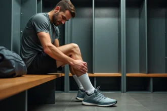 Athlète masculin examinant le côté extérieur de son pied après un effort sportif, assis dans un vestiaire