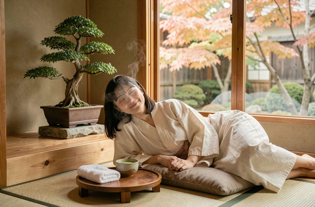 Jeune femme japonaise en détente et bien-être mental à la maison avec thé matcha et jardin zen