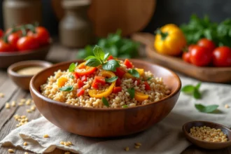 Bol de riz complet avec légumes rôtis et herbes fraîches sur une table en bois rustique, alimentation végétarienne saine et équilibrée