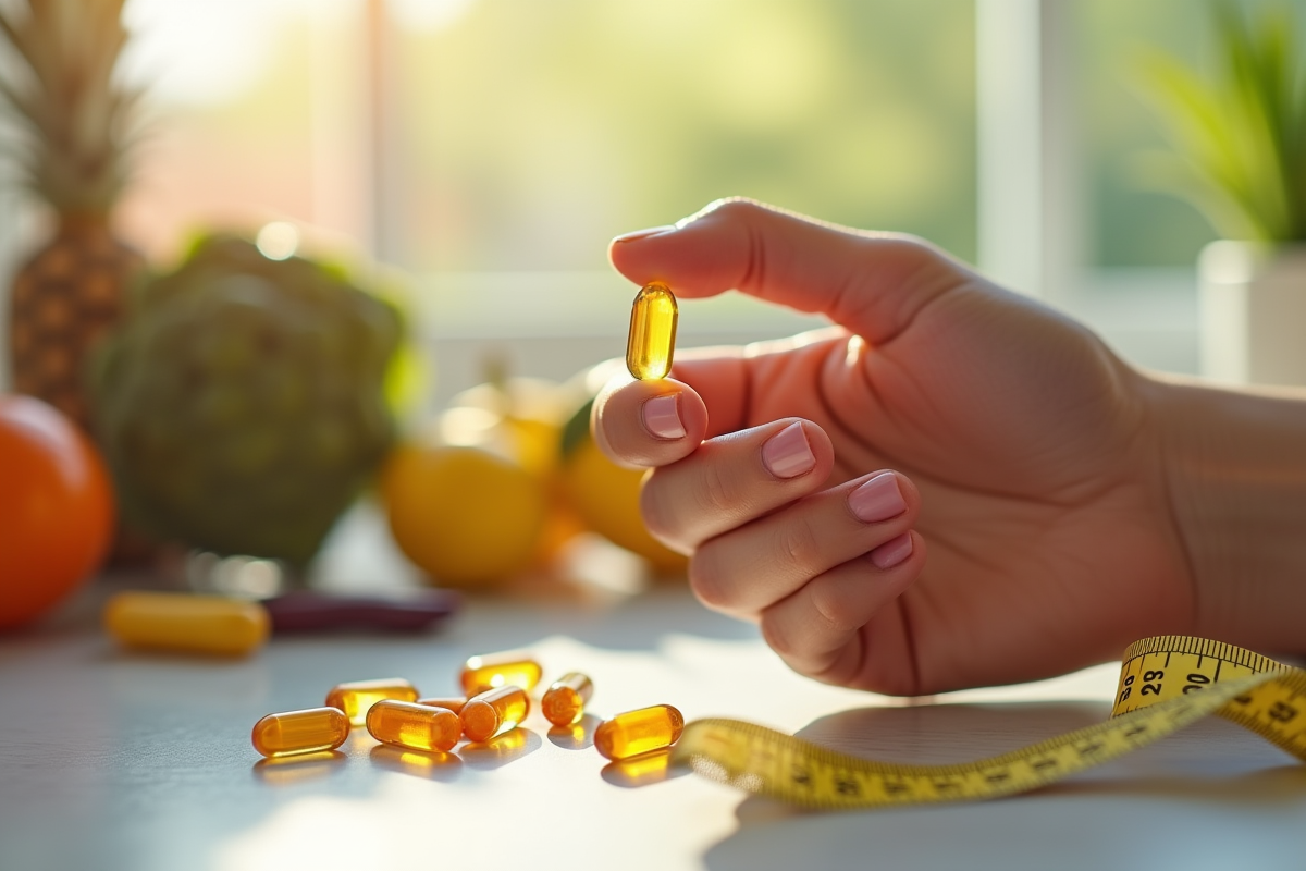 Main tenant une capsule de vitamine avec aliments sains en arrière-plan