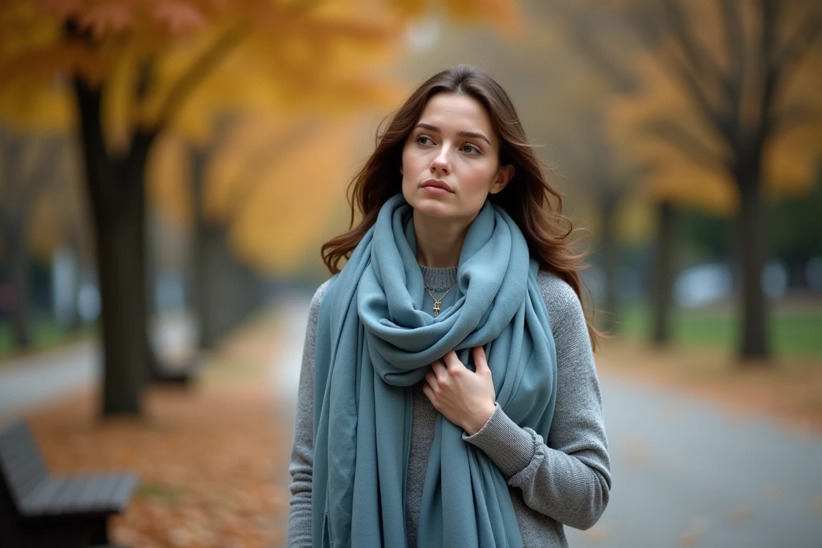 Femme dans un parc en automne avec un foulard bleu sur la gorge illustrant l'hypersensibilité et le chakra gorge bloqué