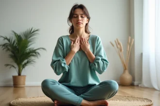 Femme en méditation avec les mains sur la gorge symbolisant un chakra gorge bloqué et une hypersensibilité émotionnelle