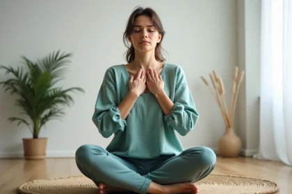 Femme en méditation avec les mains sur la gorge symbolisant un chakra gorge bloqué et une hypersensibilité émotionnelle