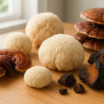 Photo hyperrealiste de champignons adaptogenes sur une table en bois