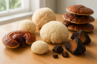 Photo hyperrealiste de champignons adaptogenes sur une table en bois