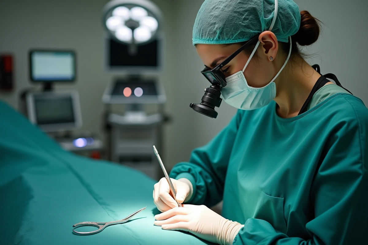 Chirurgienne réalisant une reconstruction de la matrice de l'ongle en salle d'opération avec instruments microchirurgicaux