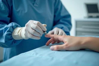 Chirurgien orthopédiste examinant la matrice de l'ongle d'un patient lors d'une consultation pré-opératoire en cabinet médical