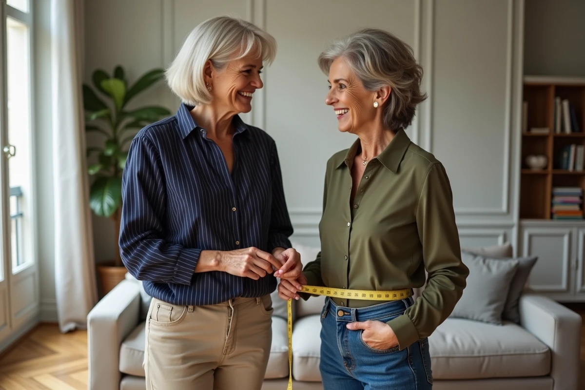 Deux femmes comparant leurs mensurations avec un mètre ruban dans un appartement parisien moderne