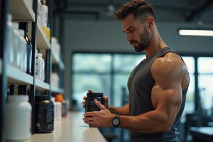 Homme musclé examinant un complément protéiné en poudre dans une salle de sport moderne pour prise de masse