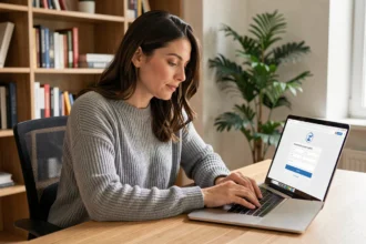 Femme connectée à son espace adhérents sur un portail en ligne depuis un bureau à domicile