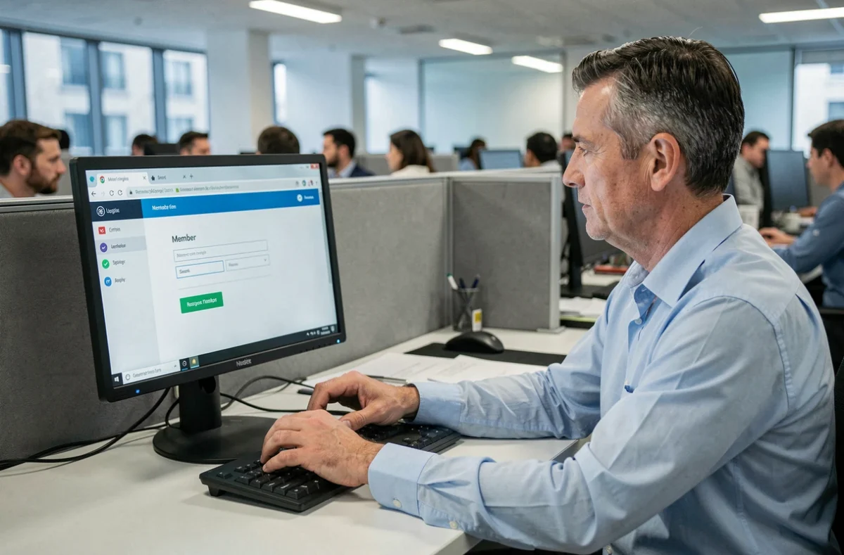 Homme en train de se connecter à l'espace adhérents mnt.fr depuis un poste de travail en bureau