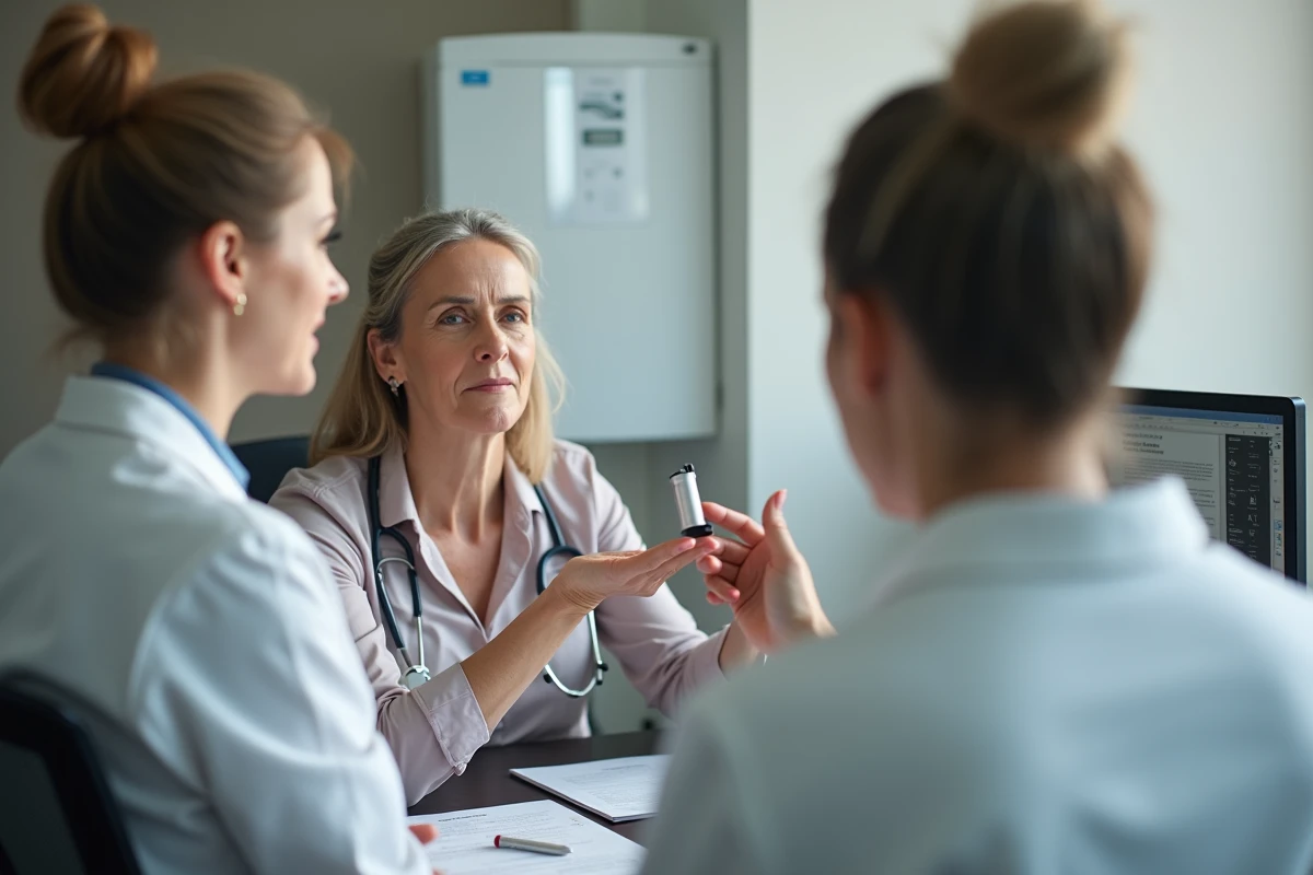 Femme consultant un dermatologue qui examine son ongle avec un dermatoscope dans un cabinet médical moderne