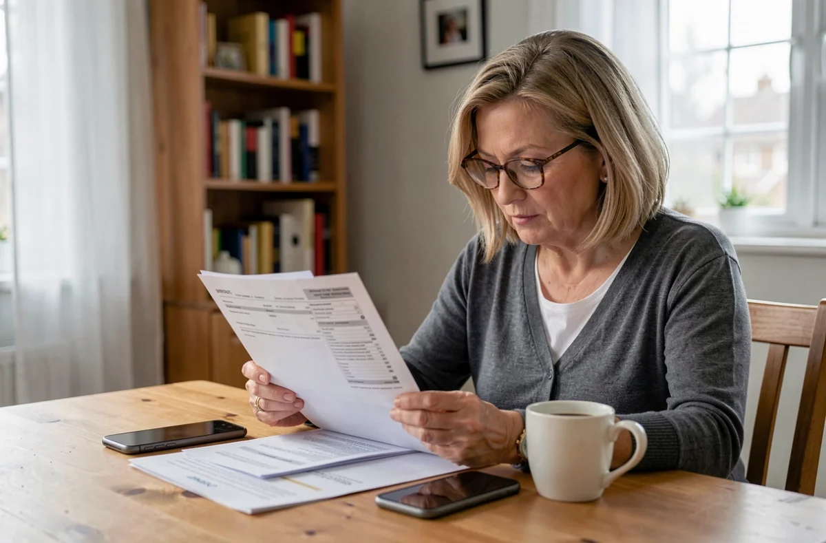 Femme consultant les documents de remboursement de sa mutuelle Allianz santé pour vérifier ses garanties dentaires et optiques