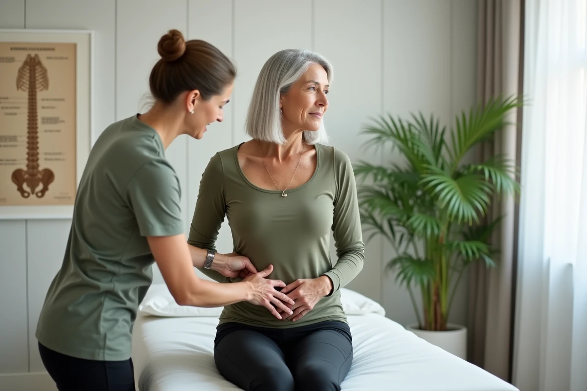 Femme en consultation chez un kinésithérapeute pour une douleur dans le bas du dos côté gauche liée à la façon de bouger