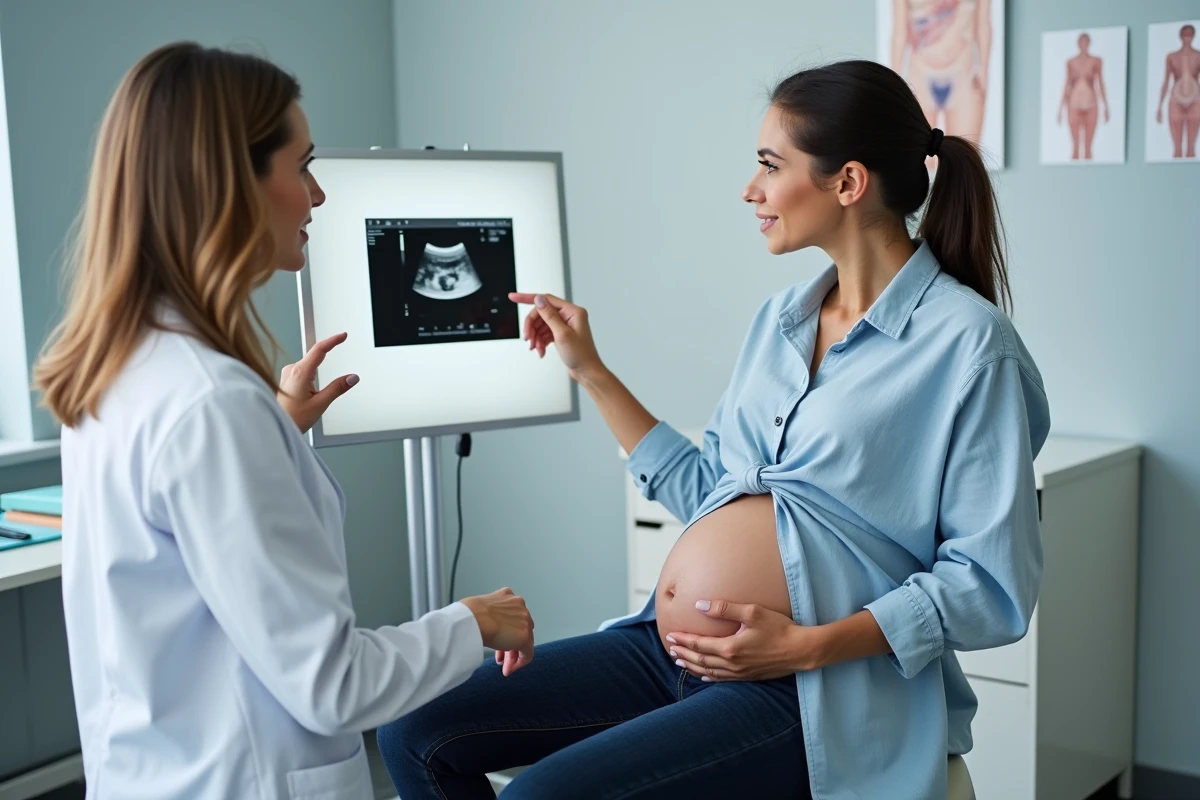 Femme enceinte en consultation médicale pour déterminer sa date d'accouchement avec une gynécologue