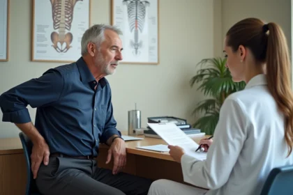 Patient homme souffrant de discopathie en consultation médicale avec un médecin, discutant d'options de traitement et d'invalidité