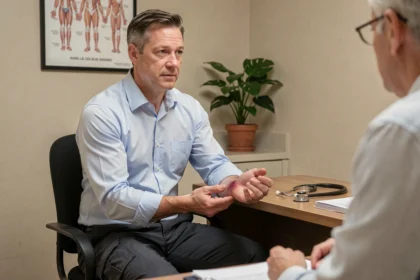 Un homme consulte un médecin pour un hématome osseux au poignet dans un cabinet médical