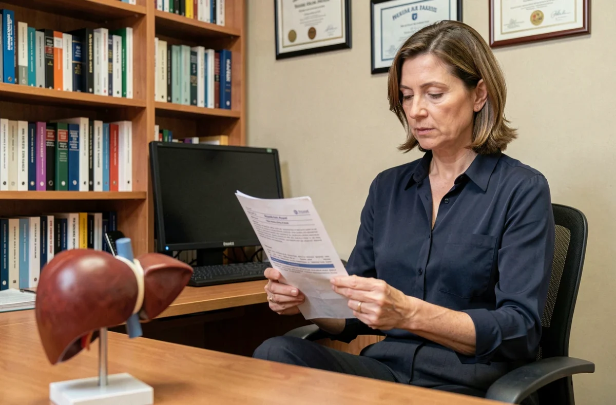 Femme de 45 ans en consultation médicale tenant un bilan de santé hépatique, avec un modèle anatomique de foie visible sur le bureau, illustrant le suivi médical lors d'un mois sans alcool