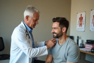 Médecin spécialiste en orthopédie examinant l'épaule d'un patient souffrant d'un tendon supra épineux fissuré lors d'une consultation médicale