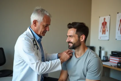 Médecin spécialiste en orthopédie examinant l'épaule d'un patient souffrant d'un tendon supra épineux fissuré lors d'une consultation médicale