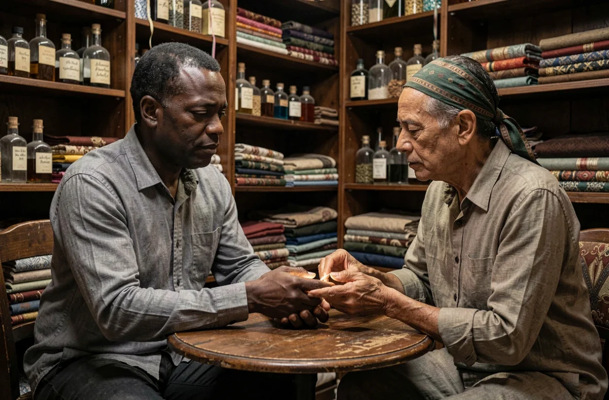 Un homme consultant une voyante qui lit les lignes de sa main dans une boutique de divination vintage