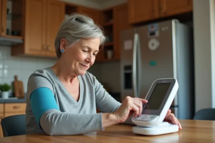 Femme moyenne vérifiant sa tension artérielle à la maison