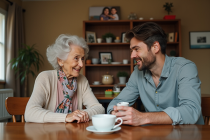 Femme âgée et jeune homme discutent autour d un thé