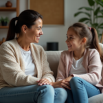 Femme et adolescente discutent calmement dans un salon chaleureux