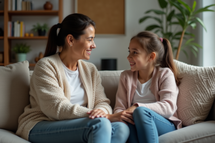 Femme et adolescente discutent calmement dans un salon chaleureux