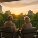 Couple agee sur balcon avec vue sur parc au lever du soleil