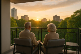 Couple agee sur balcon avec vue sur parc au lever du soleil