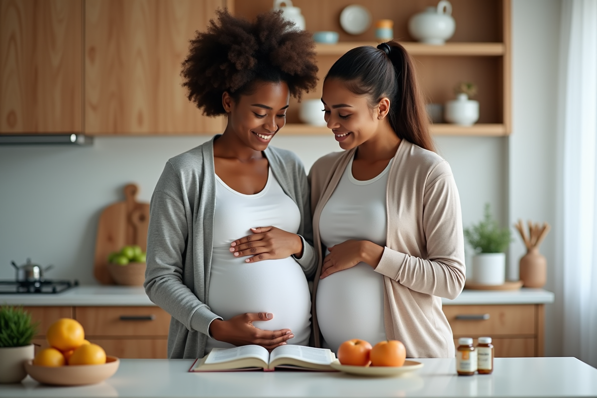 Couple dans la cuisine avec femme enceinte et partenaire rassurant