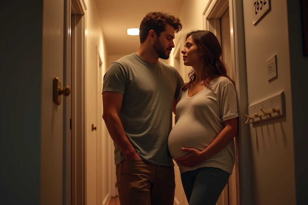 Couple enceinte dans un couloir chaleureux la nuit