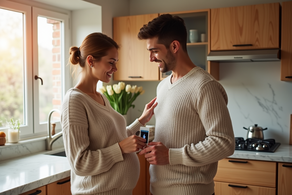 Jeune couple dans la cuisine regardant une photo d’échographie