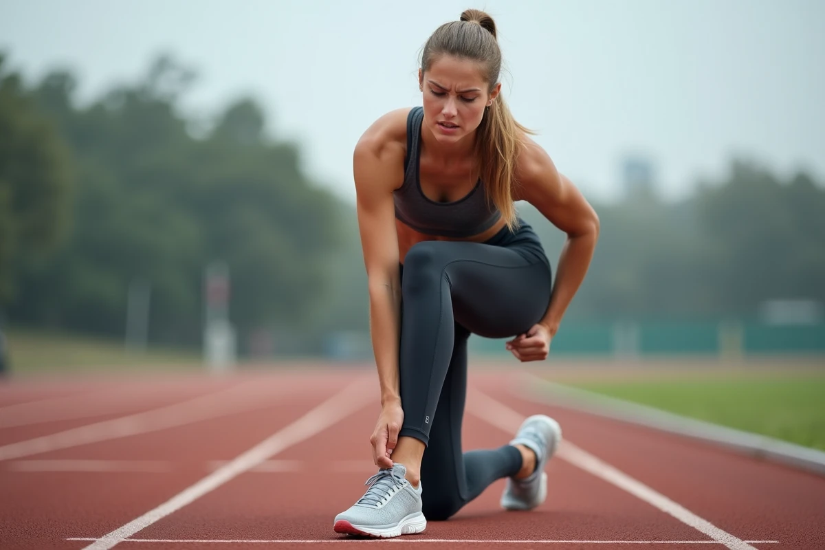 Coureuse étirant le côté extérieur de son pied sur une piste d'athlétisme en plein air